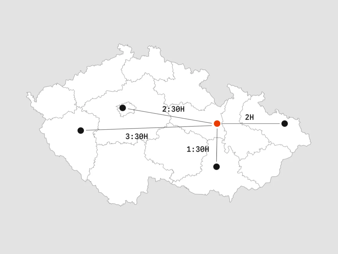 Mapa České republiky s dojezdovými časy servisu